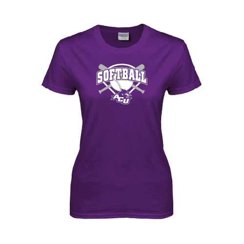  Womens Purple Short Sleeve Tee - Softball Bats and Plate Design