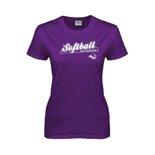  Womens Purple Short Sleeve Tee - Softball Script w/ Bat Design