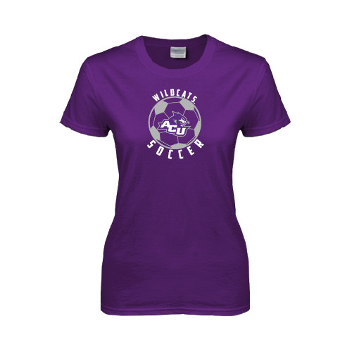  Womens Purple Short Sleeve Tee - Soccer Ball Design