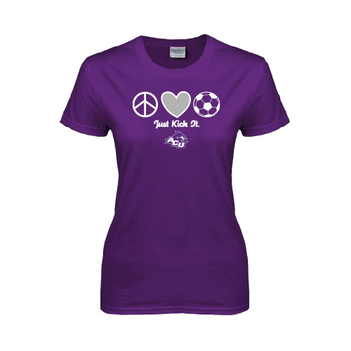  Womens Purple Short Sleeve Tee - Just Kick It Soccer Design
