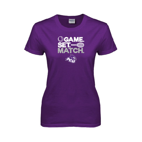  Womens Purple Short Sleeve Tee - Game Set Match Tennis Design