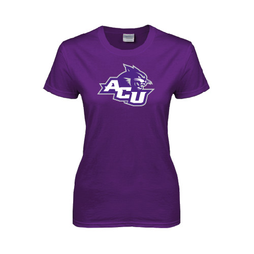  Womens Purple Short Sleeve Tee - Angled ACU w/Wildcat Head