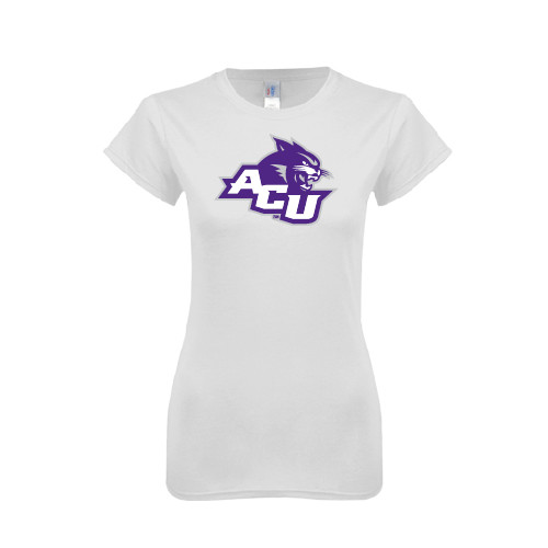  Next Level Womens White Boyfriend Tee - Angled ACU w/Wildcat Head