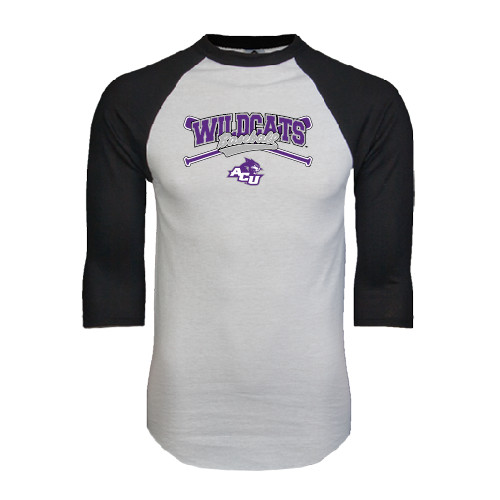  White/Black Raglan Baseball T Shirt - Baseball Crossed Bats Design