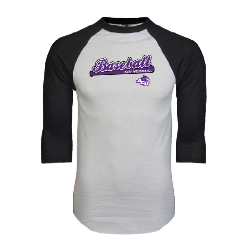  White/Black Raglan Baseball T Shirt - Baseball Script w/ Bat Design