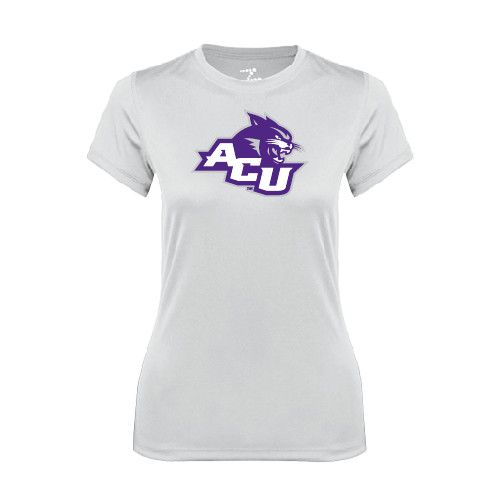  Womens White Performance Tee - Angled ACU w/Wildcat Head