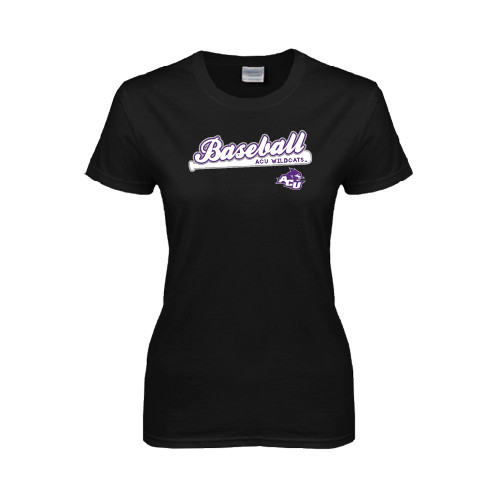  Womens Black Short Sleeve Tee - Baseball Script w/ Bat Design