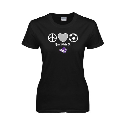  Womens Black Short Sleeve Tee - Just Kick It Soccer Design