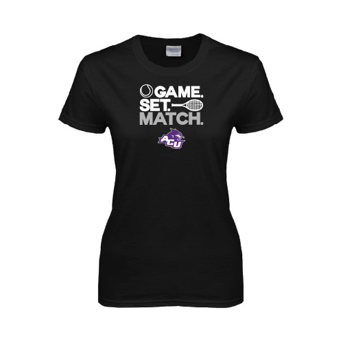  Womens Black Short Sleeve Tee - Game Set Match Tennis Design