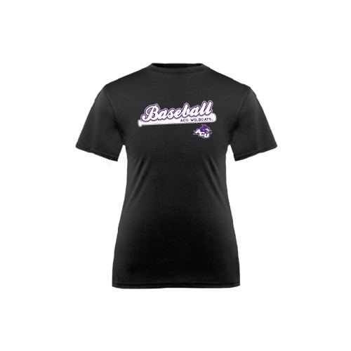 Youth Performance Black Tee - Baseball Script w/ Bat Design