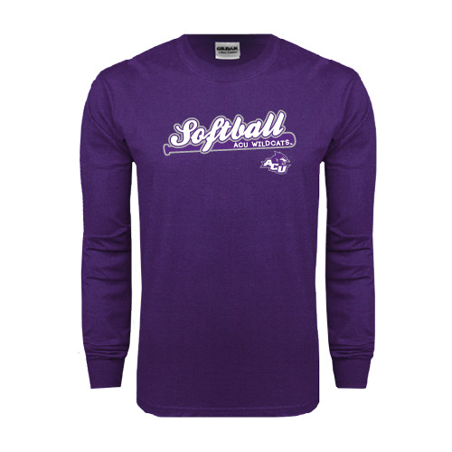  Purple Long Sleeve T Shirt - Softball Script w/ Bat Design