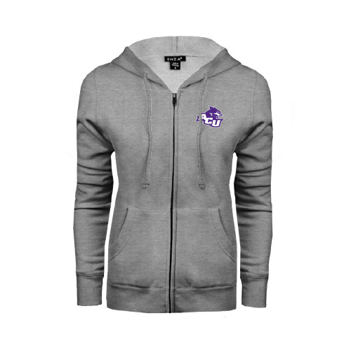  ENZA Womens Grey Fleece Full Zip Hoodie - Angled ACU w/Wildcat Head