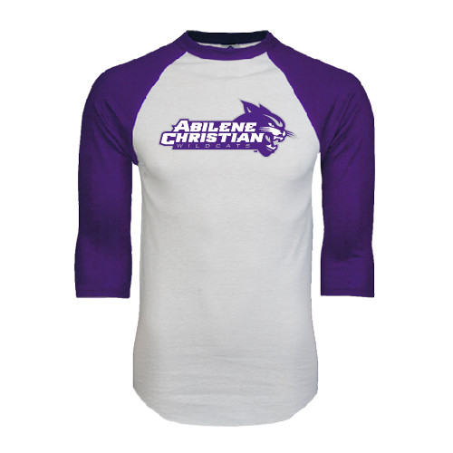  White/Purple Raglan Baseball T Shirt - Primary Logo