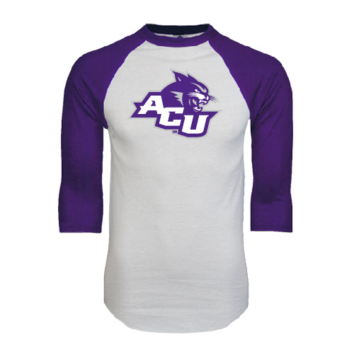  White/Purple Raglan Baseball T Shirt - Angled ACU w/Wildcat Head