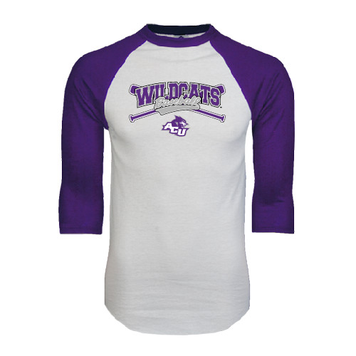  White/Purple Raglan Baseball T Shirt - Baseball Crossed Bats Design