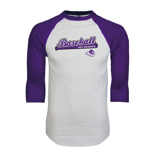  White/Purple Raglan Baseball T Shirt - Baseball Script w/ Bat Design