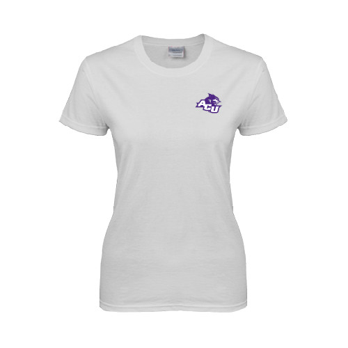  Womens White Short Sleeve Tee - Angled ACU w/Wildcat Head