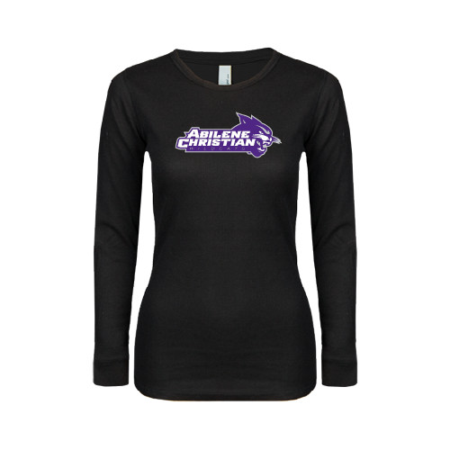  Womens Black Long Sleeve V Neck Tee  - Primary Logo