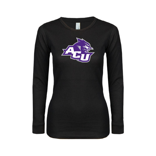  Womens Black Long Sleeve V Neck Tee  - Angled ACU w/Wildcat Head