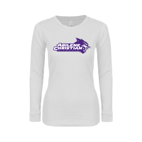 Womens White Long Sleeve V Neck Tee - Primary Logo