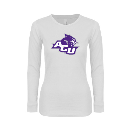  Womens White Long Sleeve V Neck Tee - Angled ACU w/Wildcat Head