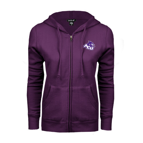  ENZA Womens Purple Fleece Full Zip Hoodie - Angled ACU w/Wildcat Head