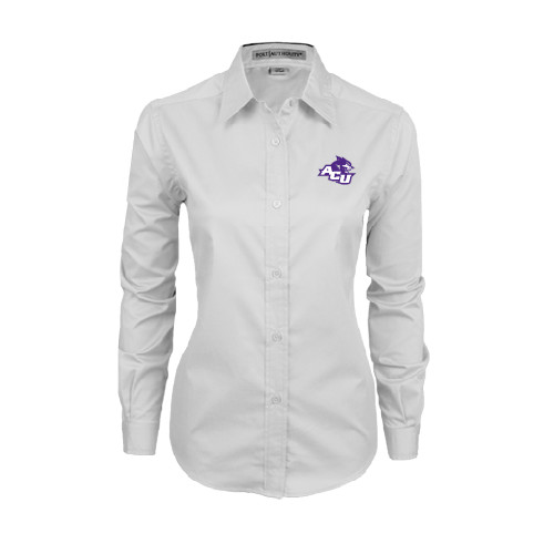  Womens White Twill Button Down Long Sleeve - Angled ACU w/Wildcat Head