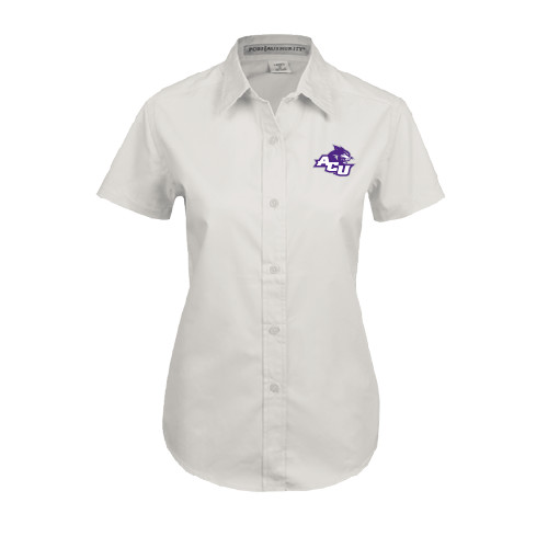  Womens White Twill Button Up Short Sleeve - Angled ACU w/Wildcat Head