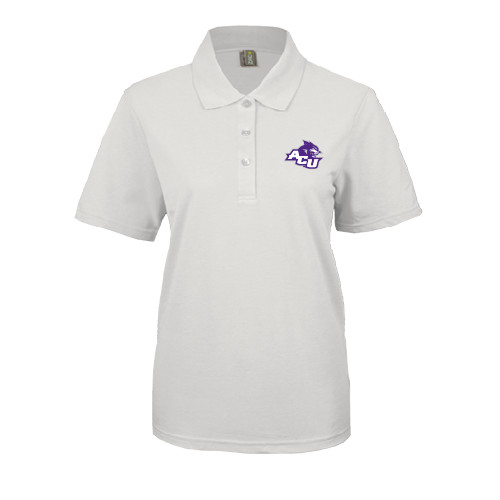  Womens Silk Touch White Pique Polo - Angled ACU w/Wildcat Head