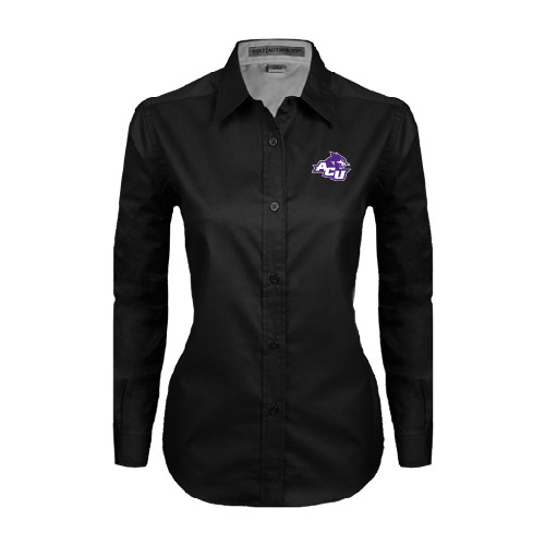  Womens Black Twill Button Down Long Sleeve  - Angled ACU w/Wildcat Head