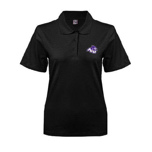  Womens Silk Touch Black Pique Polo - Angled ACU w/Wildcat Head