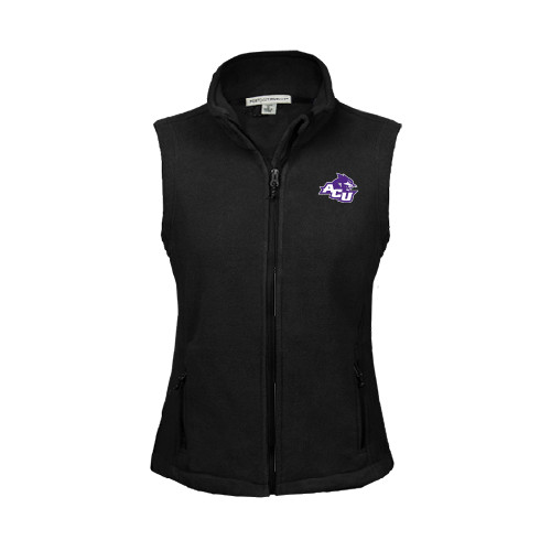  Womens Black Fleece Full Zip Vest - Angled ACU w/Wildcat Head