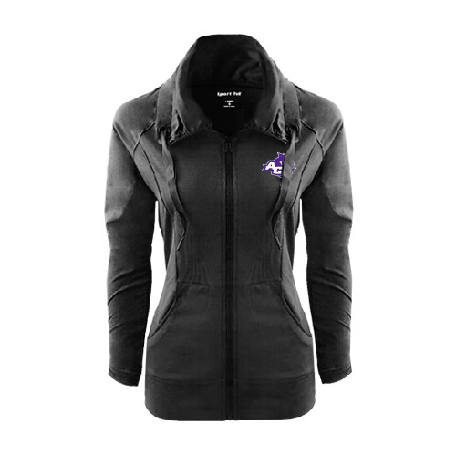  Womens Black Sport Wick Stretch Full Zip Jacket - Angled ACU w/Wildcat Head