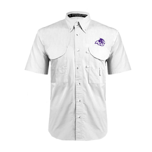  White Fishing Shirt Performance Short Sleeve - Angled ACU w/Wildcat Head