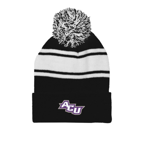  Black/White Two Tone Knit Pom Beanie w/Cuff - Angled ACU