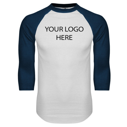 White/Navy Raglan Baseball T Shirt-Blank Logo
