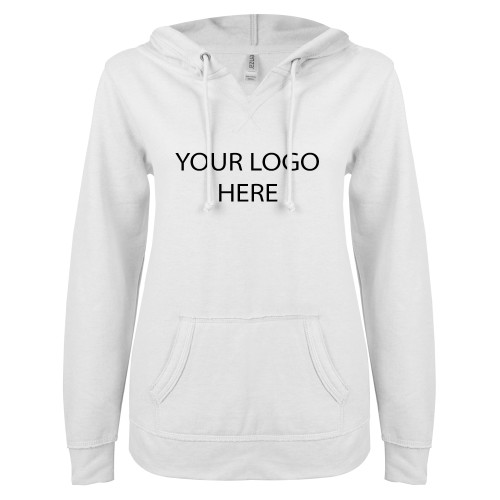 ENZA Womens White V Notch Raw Edge Fleece Hoodie-Blank Logo