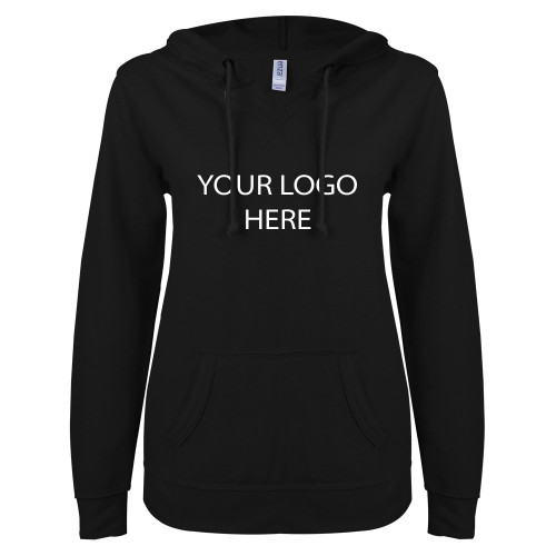 ENZA Womens Black V Notch Raw Edge Fleece Hoodie-Blank Logo
