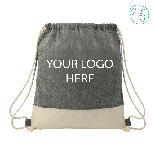 Split Recycled Cotton Natural/Black Drawstring Bag-Blank Logo