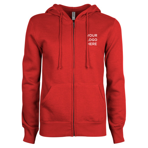 ENZA Womens Red Fleece Full Zip Hoodie-Blank Logo