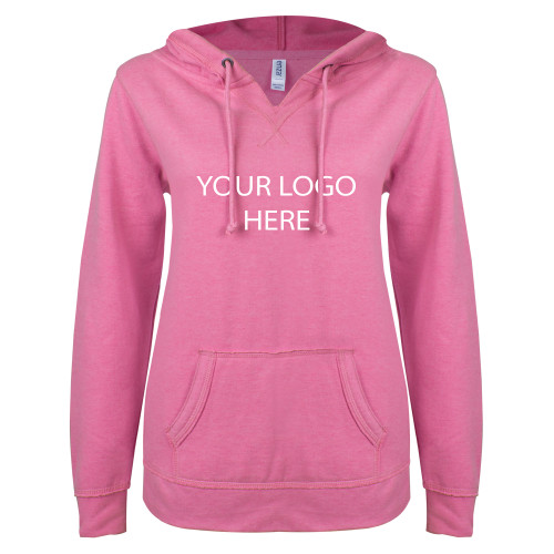ENZA Womens Hot Pink V Notch Raw Edge Fleece Hoodie-Blank Logo