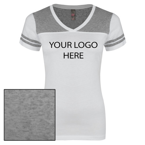Womens White/Heather Grey Varsity V Neck Tee -Blank Logo