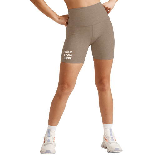 Beyond Yoga Womens Birch Heather Spacedye Keep Pace Biker Short-Blank Logo