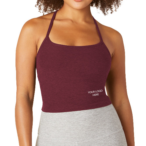 Beyond Yoga Womens Garnet Red Heather Spacedye Slim Racerback Cropped Tank -Blank Logo