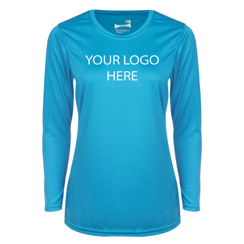 Womens Light Blue Performance Long Sleeve V Neck Shirt-Blank Logo