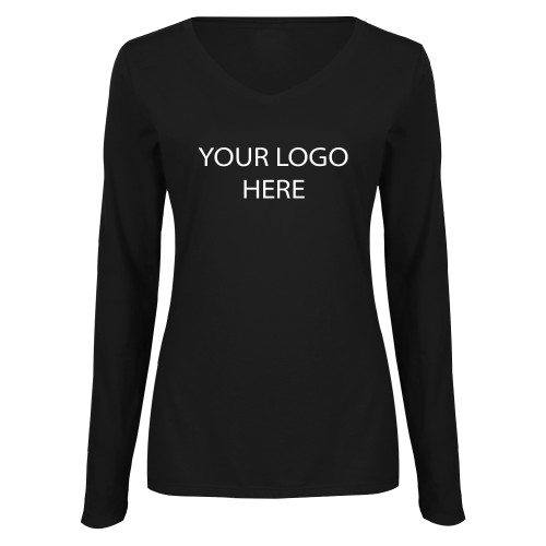 Womens Black Long Sleeve V Neck Tee -Blank Logo