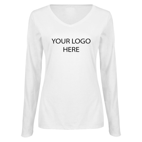 Womens White Long Sleeve V Neck Tee-Blank Logo