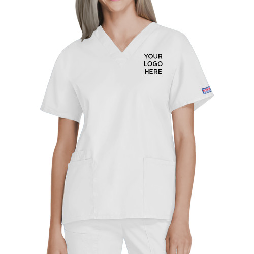 Womens White WW Originals V Neck Scrub Top-Blank Logo