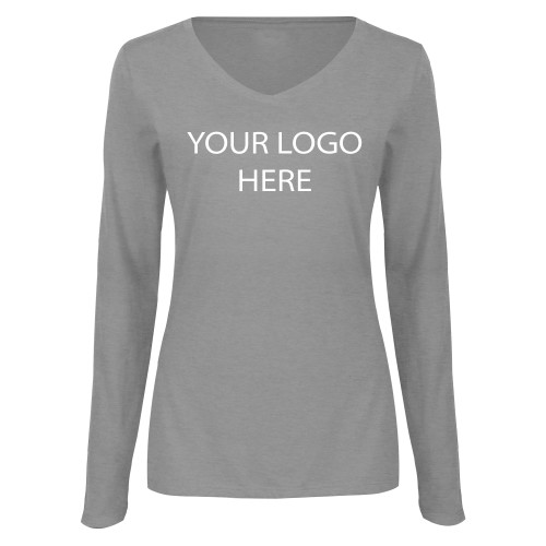 Womens Grey Long Sleeve V Neck Tee -Blank Logo