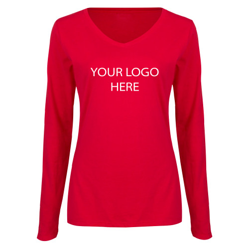 Womens Red Long Sleeve V Neck Tee-Blank Logo